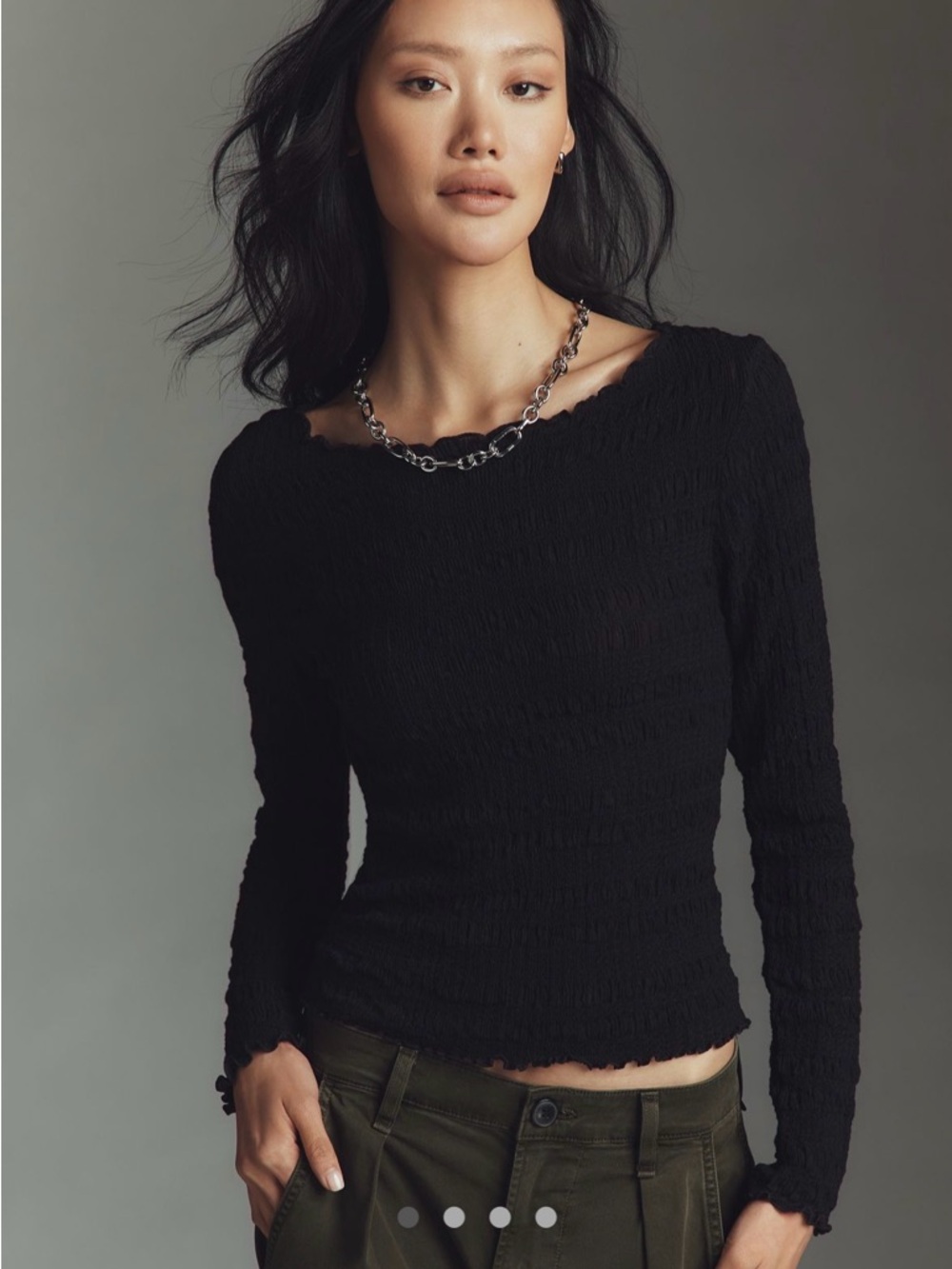 Mauve Black Textured Long Sleeve Scalloped Top